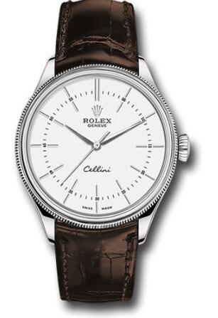 Replica Rolex Rolex Cellini Time Watch 50509 White Gold White Dial Brown Leather Strap